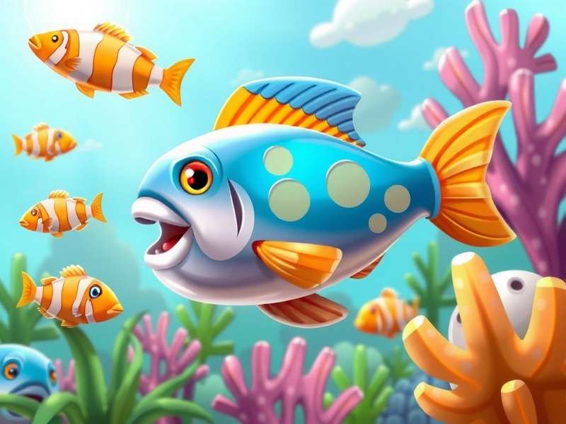 Fishdom app icon का विस्तृत दृश्य जिसमें नीले पानी में रंगीन मछलियाँ दिख रही हैं