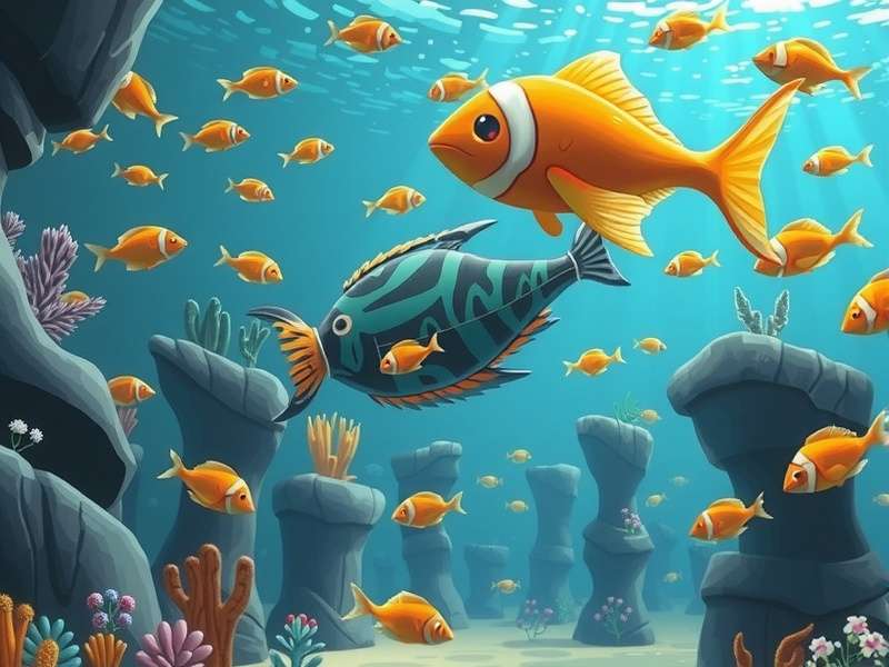 A vibrant and fully decorated Fishdom PC aquarium with colorful fish and decorations