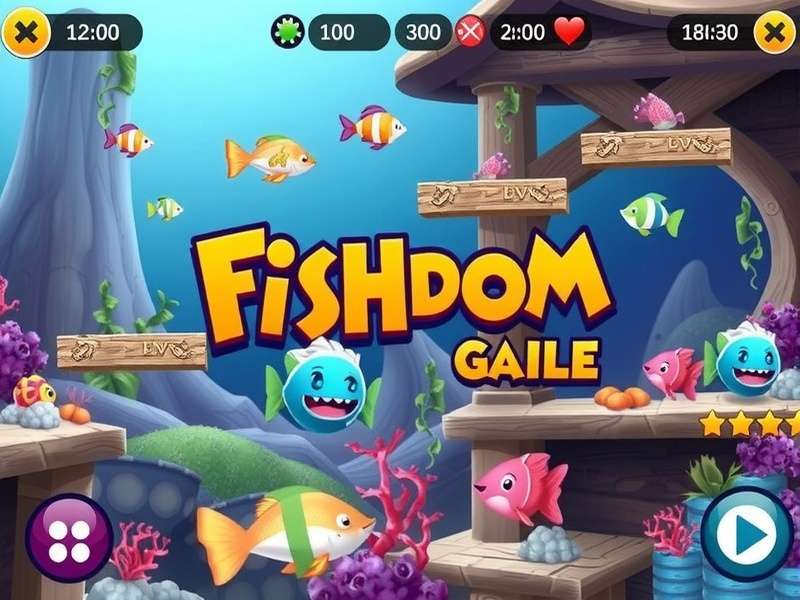 Screenshot of Fishdom gameplay showing colorful match-3 puzzles and a designed aquarium