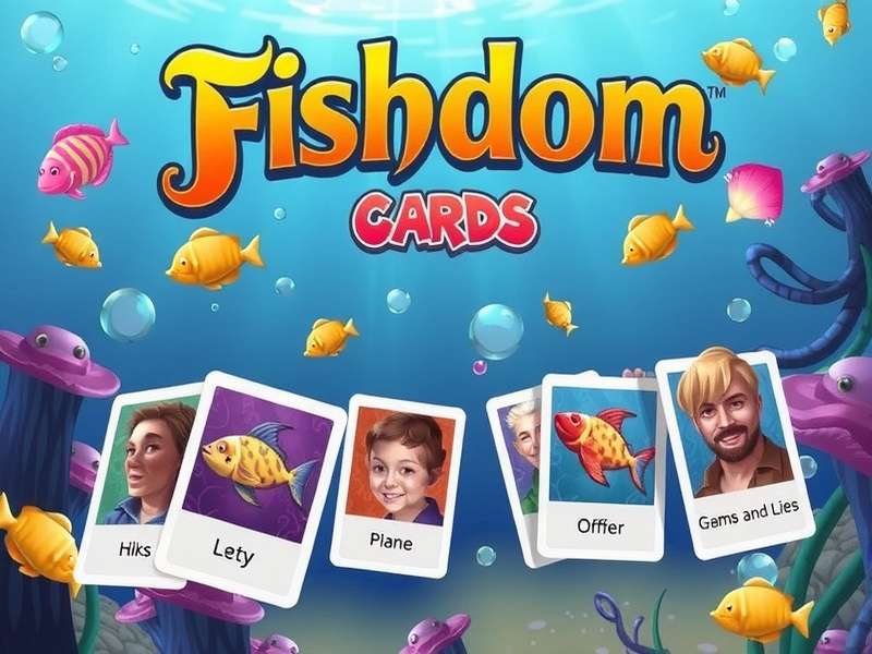 Screenshot of Fishdom game showing match-3 puzzles and card game interface on a mobile device