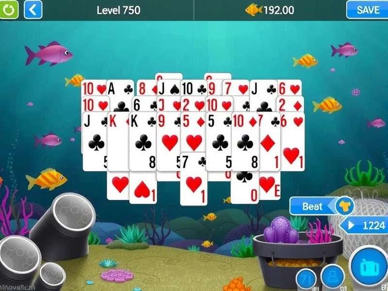 Fishdom Solitaire Level 750 gameplay screenshot with vibrant underwater theme