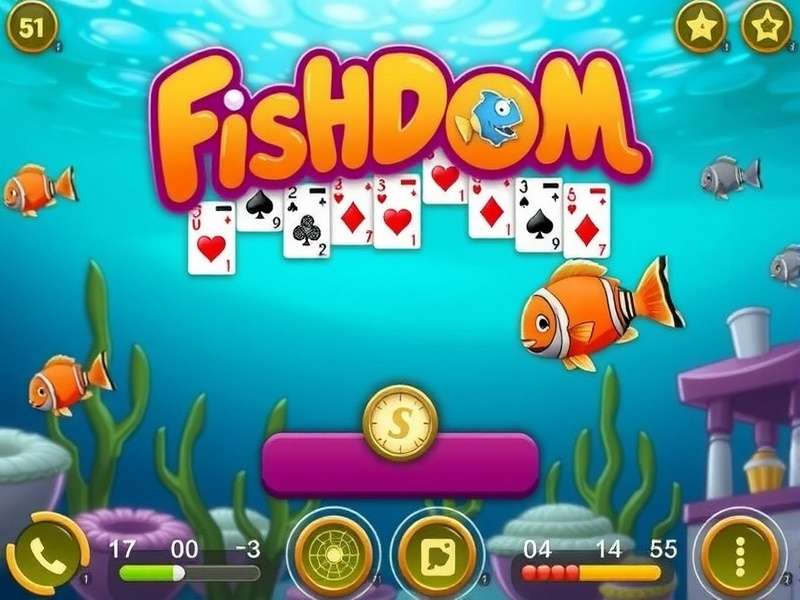 Solitaire Fishdom gameplay on mobile screen with vibrant underwater theme