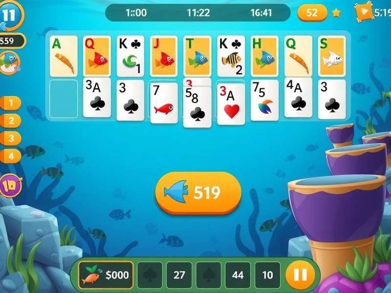 Fishdom Solitaire Level 1 board layout with 6 rows of cards in pyramid formation