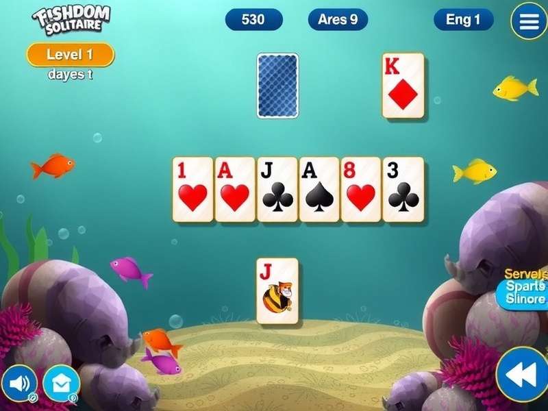 Fishdom Solitaire Level 1 gameplay screenshot showing the aquarium-themed solitaire board